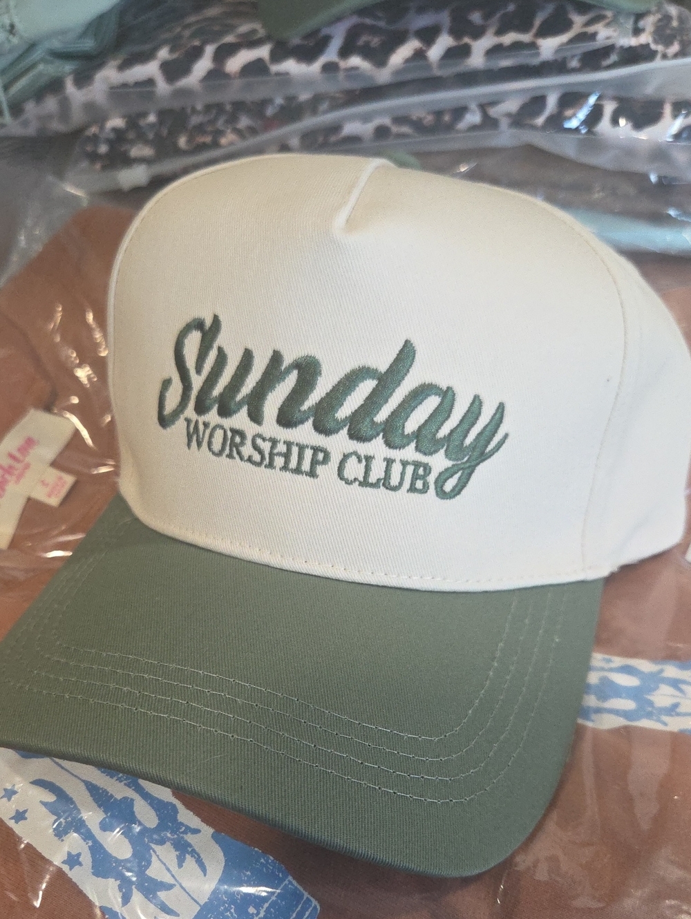 Sunday Worship Club Embroidered Trucker Hat - Cream & Sage
